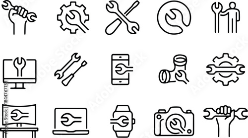 Set of repair and maintenance line icons, wrench, gear, smartphone, computer, camera, plumbing, and fixing service symbol vector illustration.