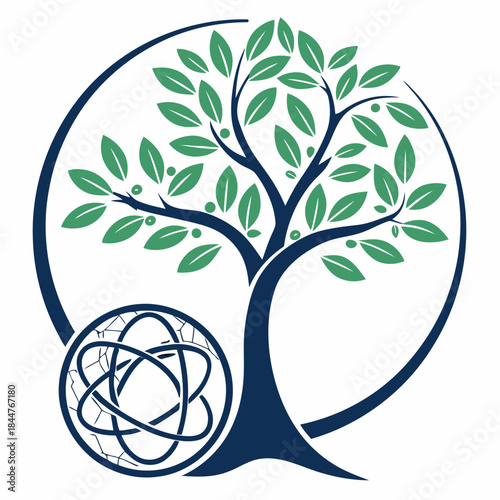A stylized tree and globe icon representing sustainable growth and global connection