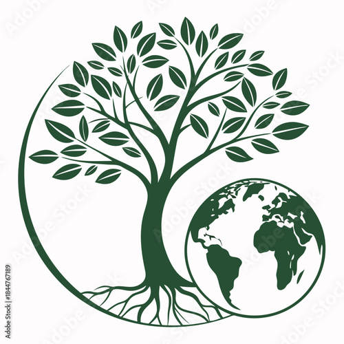 A green tree of life with roots embracing the earth globe, symbolizing environmental protection and global sustainability