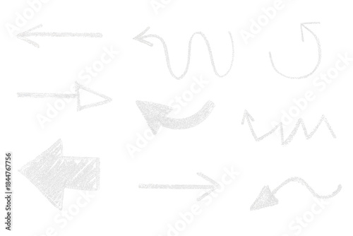 Chalk pencil arrows. Grunge texture chalk pointers, hand drawn abstract shapes. 