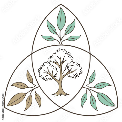 A stylized illustration showing a central tree of life within a triquetra symbol.