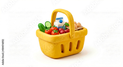 Yellow shopping basket filled with fresh grocery products like milk eggs and vegetables.