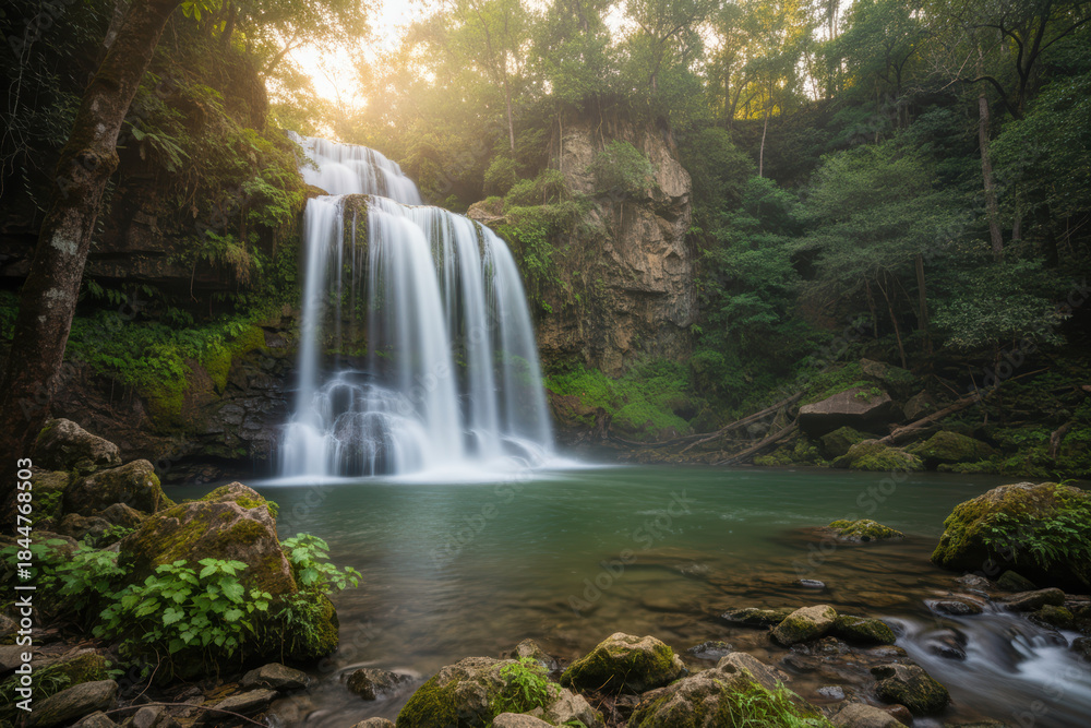 Obraz premium Majestic waterfall cascading through a lush green forest at sunrise