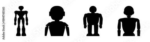 Collection of four black silhouettes depicting various robot or mannequin figures