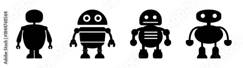 Minimalist collection of four different robot designs in black and white silhouette form