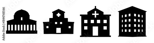 Silhouettes of various public and institutional buildings for design element illustration