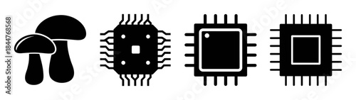 A row of black icons showing mushrooms and electronic microchips against a white background