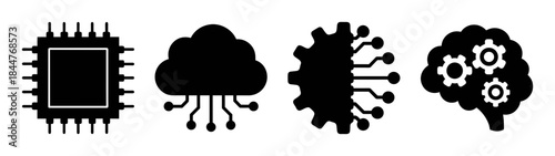 A collection of four icons representing technology concepts like ai, cloud computing, and hardware processing on a white background