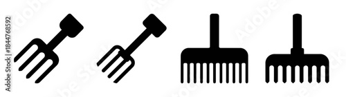 Set of black silhouette icons for garden hand tools, including a fork and a rake