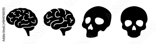 A collection of four black silhouettes depicting human brains and skulls against a white background
