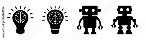 Simple icon illustration of artificial intelligence concept with brain lightbulb and robot figures