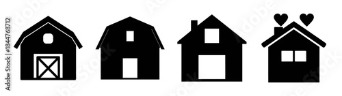 A collection of four simple black silhouettes representing different types of houses and barns