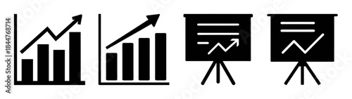 Set of financial success and business growth icons featuring bar charts and presentation displays