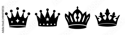 Four black crown silhouettes representing different royal and princess designs on a white background