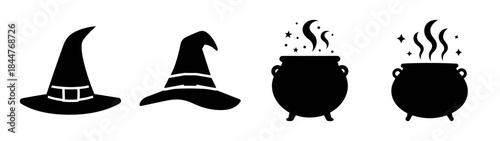 A collection of black silhouettes featuring witch hats and magic cauldrons for halloween decoration