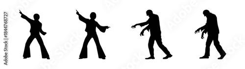 Silhouettes illustrating the transition from a vibrant disco dancer to a zombie character