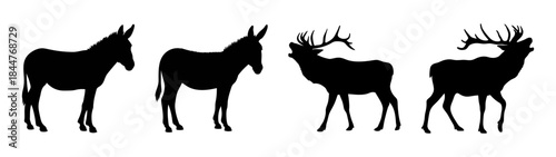 A collection of animal silhouettes featuring donkeys and calling stags on a white background