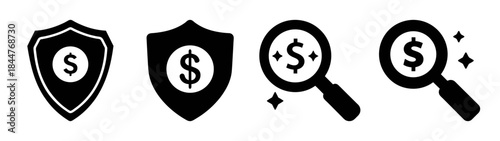 Financial protection and money search icon set for business and finance concepts