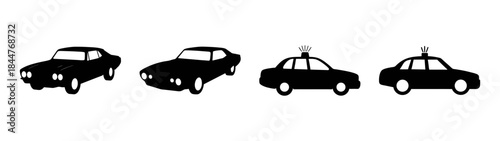 Collection of four black car silhouettes featuring muscle cars and police sedans