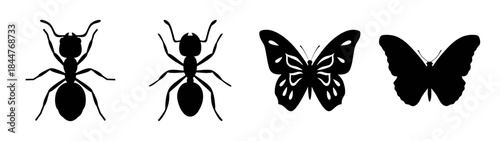 A collection of black silhouettes featuring two ants and two butterflies in various forms