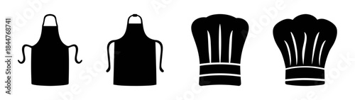 Simple black silhouette icons representing chef aprons and classic kitchen hats