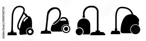 Four black silhouette icons of different canister vacuum cleaner models on a white background