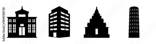 Four different building silhouettes representing various architectural styles on a white background