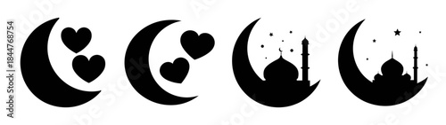 A collection of four silhouette icons featuring crescent moons with hearts and mosque designs for islamic celebration and love