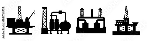 Oil and gas industry industrial plant and offshore rig silhouettes collection