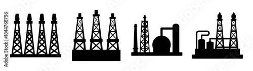 Silhouettes of oil drilling platforms and petroleum refinery facilities in a single icon set