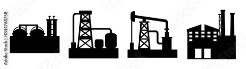 Set of black silhouettes illustrating factory buildings, oil rigs, and industrial processing plants