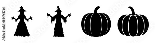 Simple vector illustrations of black silhouettes featuring witches and pumpkins for halloween theme