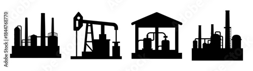 A collection of oil and gas industry silhouettes including refineries and a pumpjack