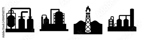 Industrial icons representing oil and gas production, refineries, and chemical plants