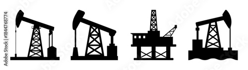 Silhouettes of oil industry equipment including pumpjacks and offshore drilling rigs