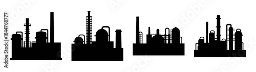A collection of black silhouettes showcasing different industrial factories and chemical refineries