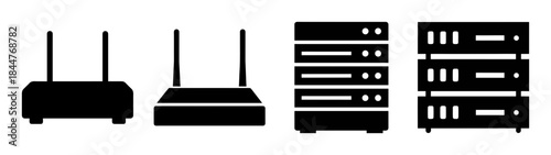 A set of technology icons featuring networking devices like routers and servers