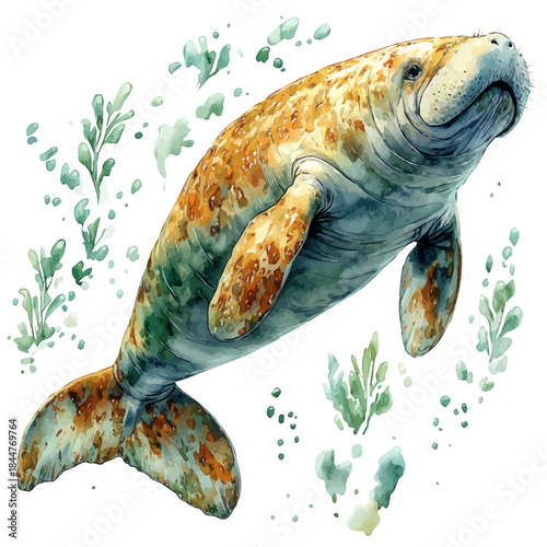 African Manatee, watercolor vector portraying a joyful pose with colorful highlights, isolated on a white background.