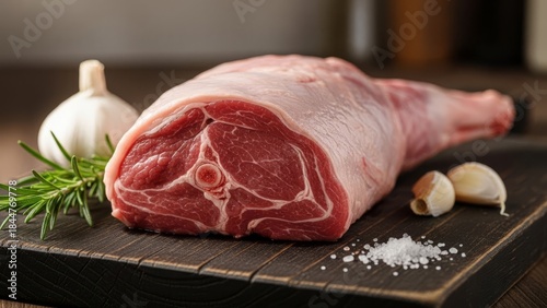 Fresh raw leg of lamb ready for roasting, seasoned with rosemary and garlic on a rustic dark cutting board.