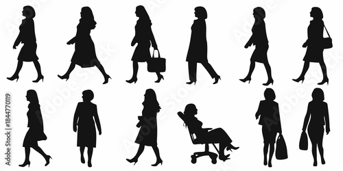 Silhouettes of women in various poses and outfits walking and standing