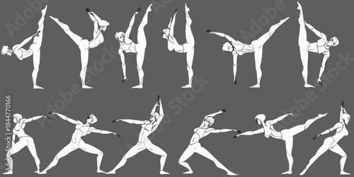 A series of dynamic stick figure illustrations demonstrating various acrobatic poses