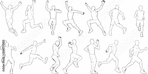 Line art illustrations depicting human figures in various running and jumping poses