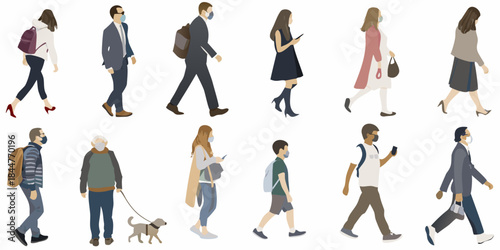 Diverse group of people walking many wearing face masks and casual attire