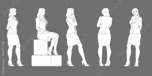 Five women in business attire shown in various poses and perspectives