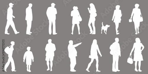 A collection of white silhouettes depicting people and a dog on a gray background