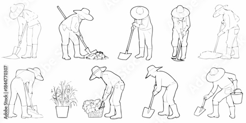Line art illustration of gardeners working with various tools and plants