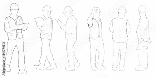 Line art illustration depicting construction workers in various poses and viewpoints