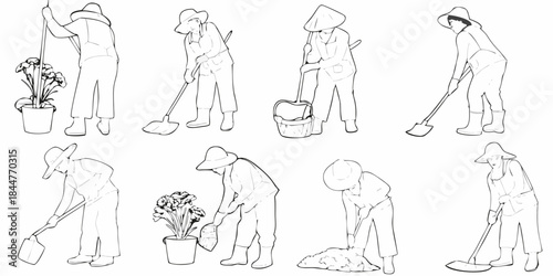 Line art illustrations of people gardening farming and working outdoors