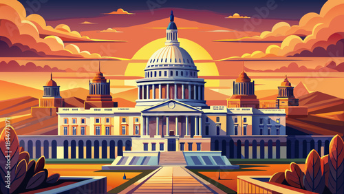 Very beautiful US Capitol Building glowing at sunset, warm sky tones reflecting on classical architecture, peaceful atmosphere, and elegant composition crafted for high-quality vector and illustration
