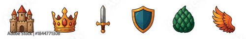 Set of six fantasy medieval icons featuring a castle, a jeweled crown, a sword, a shield, a dragon egg, and a wing, all rendered in a colorful cartoon style for game assets